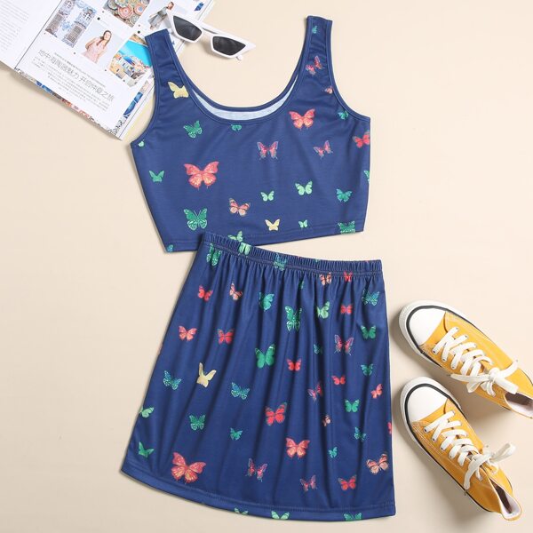 

Butterfly Print Tank Top & Skirt, Blue