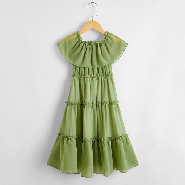 

Girls Square Neck Ruffle Frill Trim A-line Dress, Lime green
