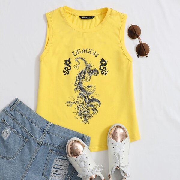 

Dragon & Letter Graphic Tank Top, Yellow
