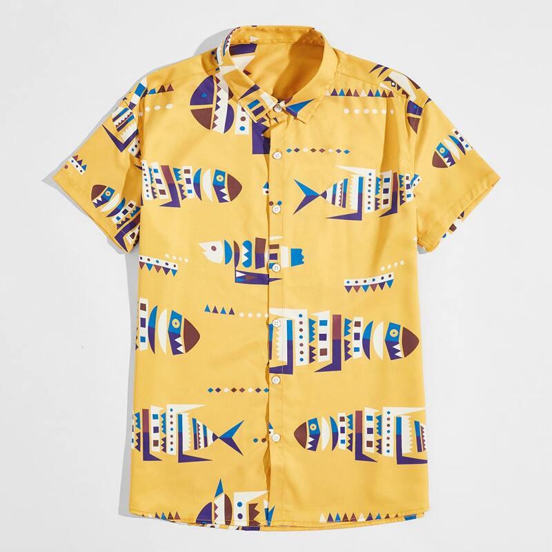 

Guys Cartoon And Geo Print Button Up Shirt, Yellow