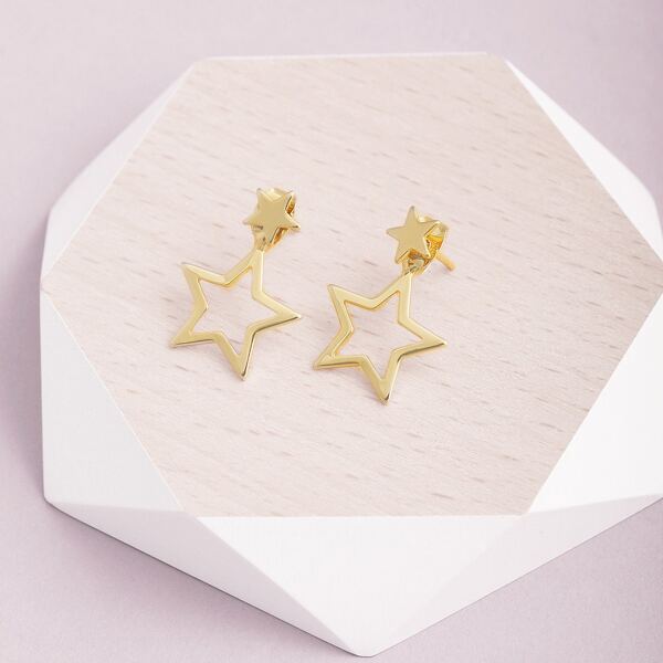 

1pair Double Star Outline Stud Earrings, Gold