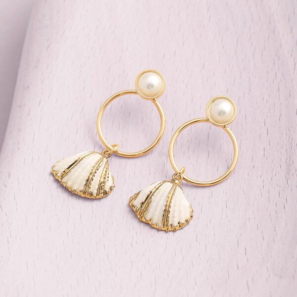 

1pair Seashell And Pearl Detail Hoop Earrings, Gold