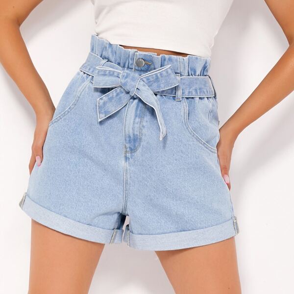 

BLUES Paperbag Waist Belted Cuffed Denim Shorts, Light wash