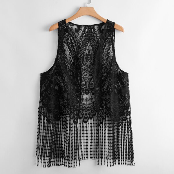 

Plus Fringe Hem Lace Kimono, Black