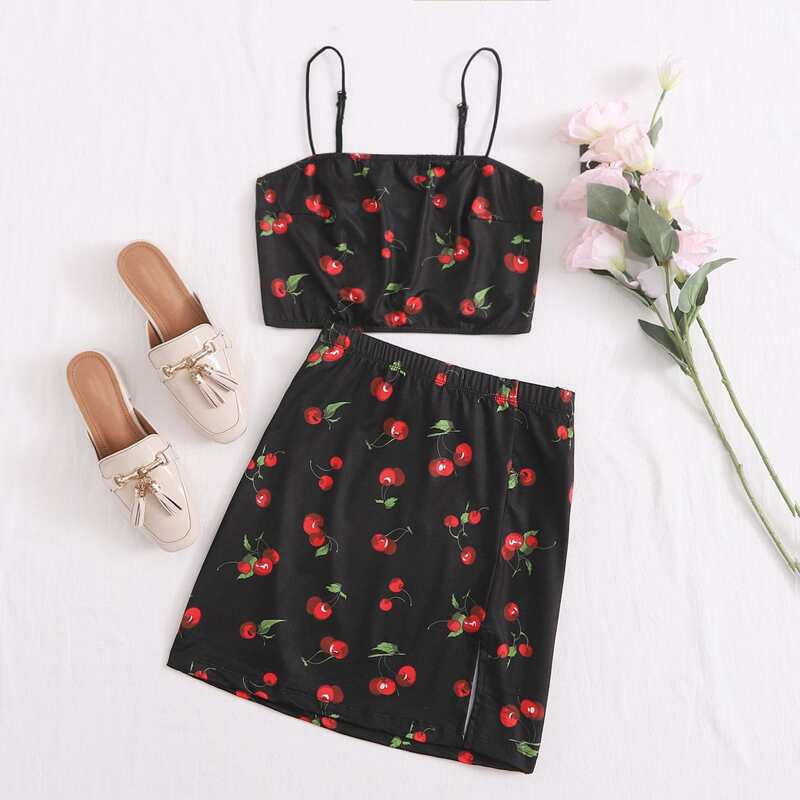 

Cherry Print Crop Cami Top and Split Hem Skirt Set, Black