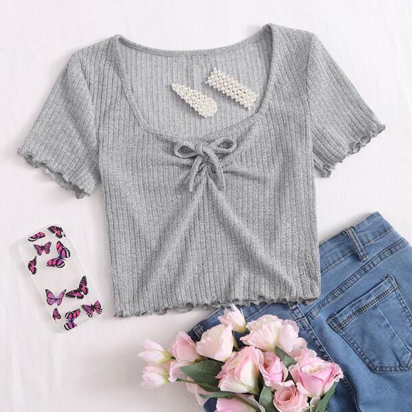 

Drawstring Front Lettuce Edge Solid Top, Light grey
