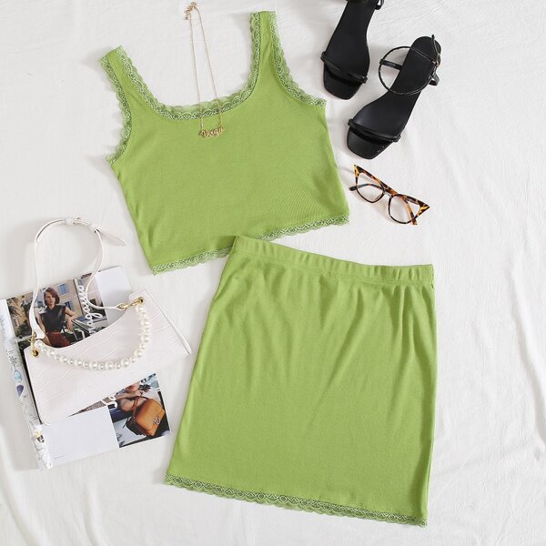 

Lace Trim Rib-knit Tank Top and Skirt Set, Lime green