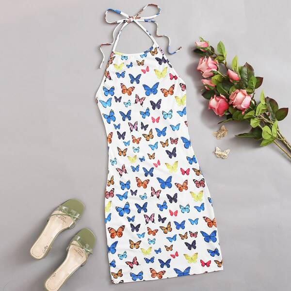 

Butterfly Print Tie Back Dress, White