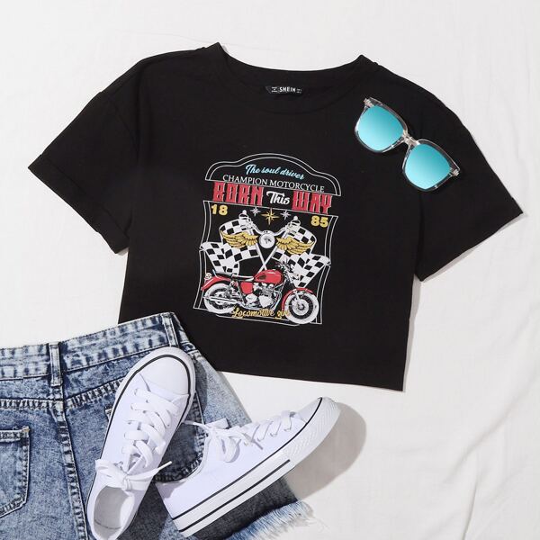 

Graphic Print Crop Top, Black