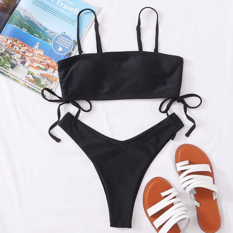 

Drawstring Side High Leg Bikini Swimsuit, Black