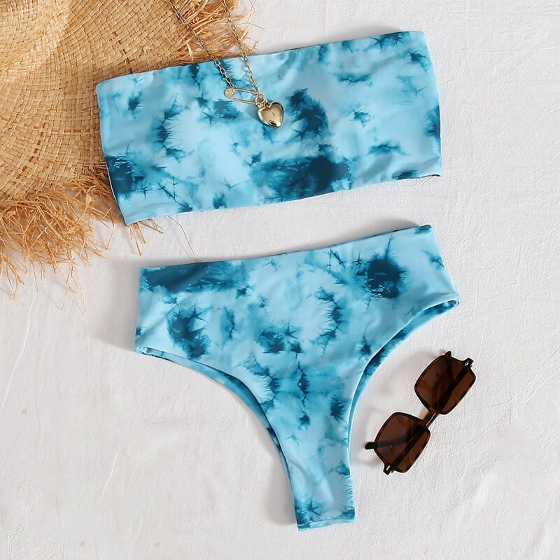 

Tie Dye Bandeau High Waist Bikini Swimsuit, Blue