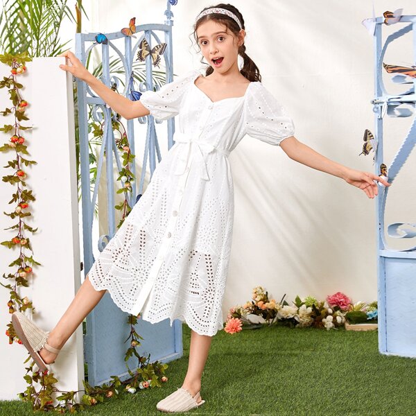 

Girls Button Up Self Belted Schiffy Milkmaid Dress, White