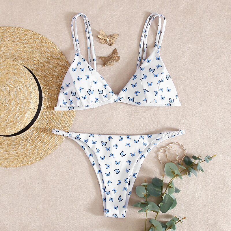 

Butterfly Triangle Tanga Bikini Swimsuit, White
