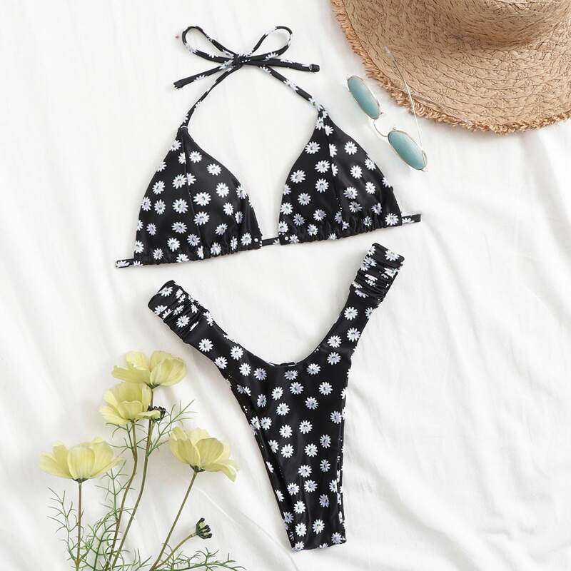 

Daisy Floral Triangle Tanga Bikini Swimsuit, Black