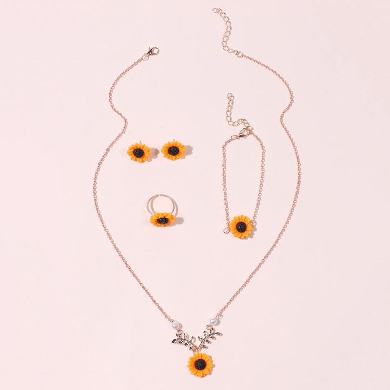 

5pcs Sunflower Chain Jewelry Set, Gold