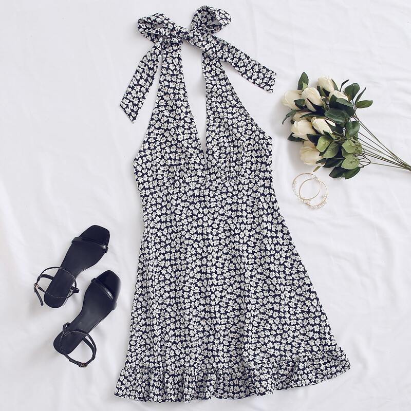 

Ditsy Floral Print Ruffle Hem Knotted Halter Dress, Navy blue