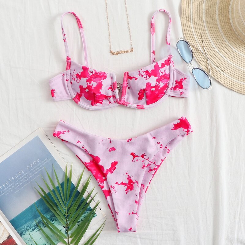 

Tie Dye Underwire High Leg Bikini Swimsuit, Pink