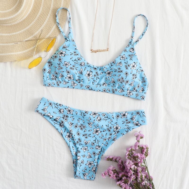 

Floral Cami Bikini Swimsuit, Blue