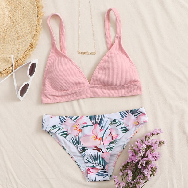 

Tropical Ribbed Triangle Bikini Swimsuit, Multicolor