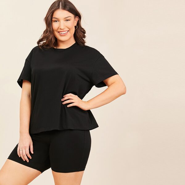 

Plus Drop Shoulder Tee & Biker Shorts Set, Black