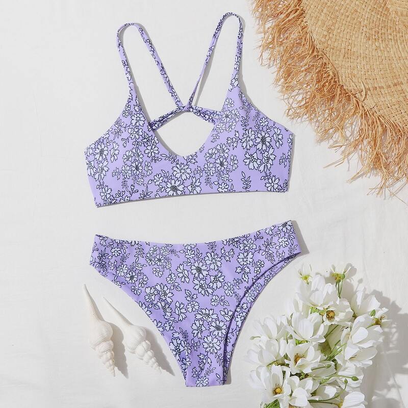 

Floral Crisscross Cami Bikini Swimsuit, Purple