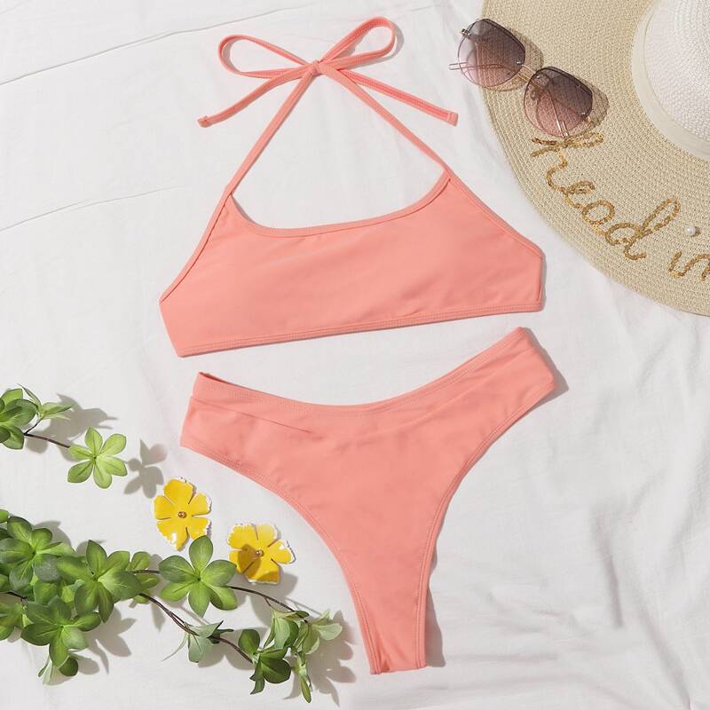 

Tie Back Halter High Leg Bikini Swimsuit, Coral pink