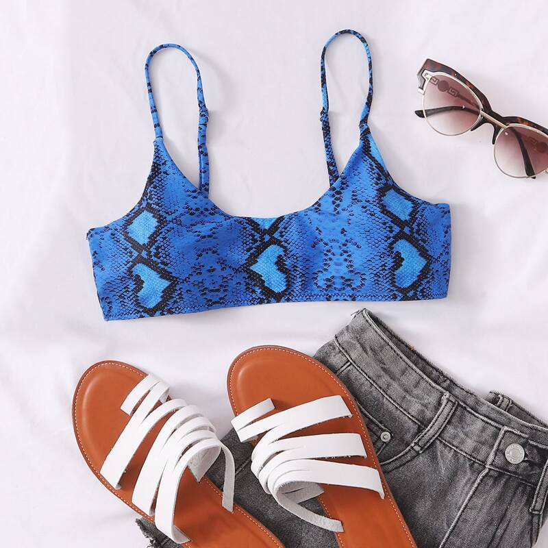

Adjustable Strap Snakeskin Bikini Top, Blue