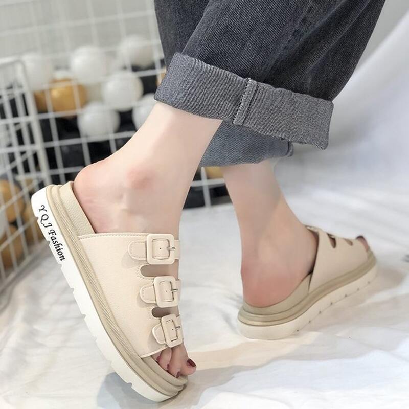 

Three Buckle Slide Sandals, Beige