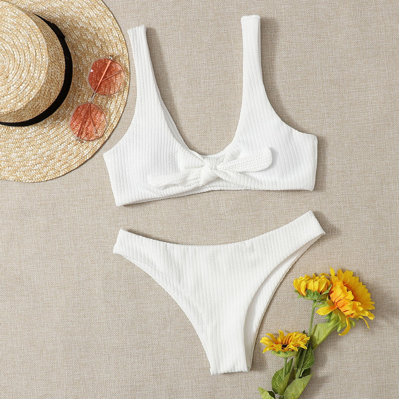 

Ribbed Knot Front Bikini Swimsuit, White