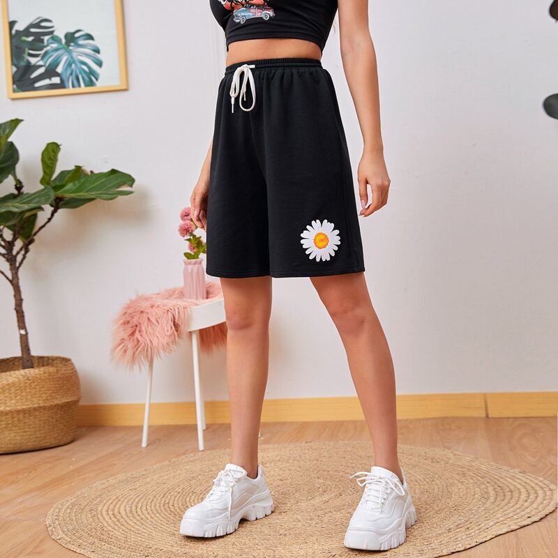 

Daisy Print Drawstring Waist Track Shorts, Black