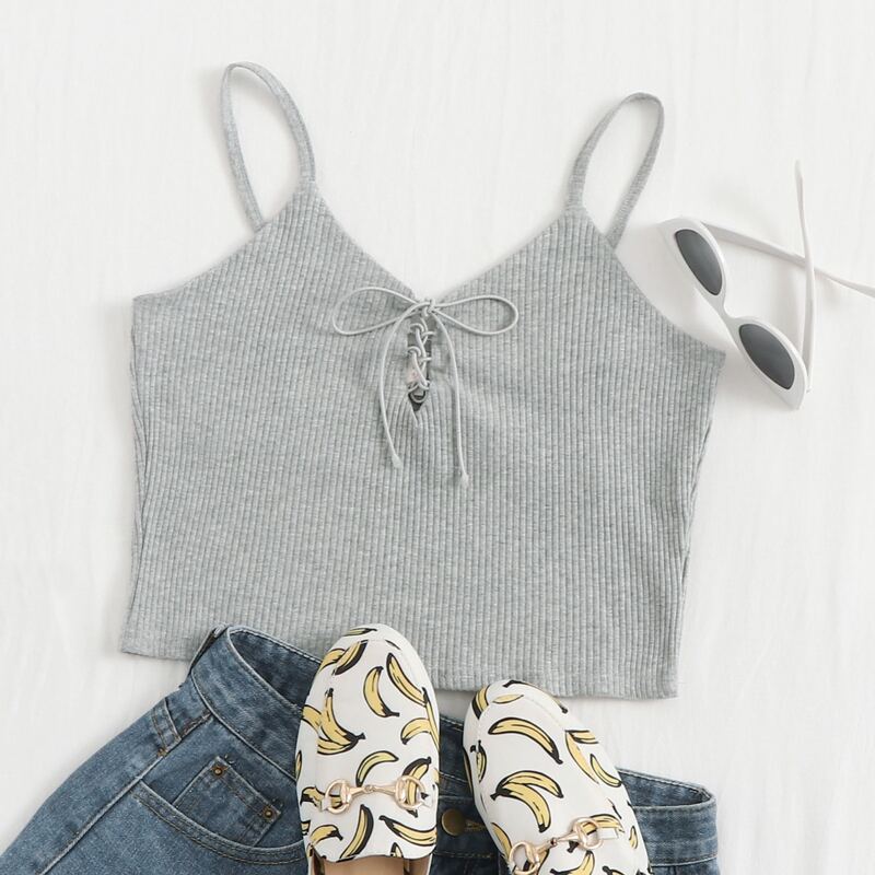 

Ribbed Lace Up Crop Cami, Light grey