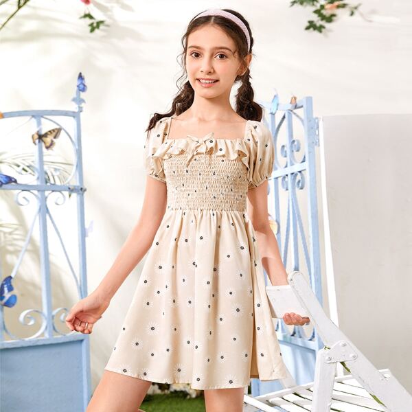 

Girls Knotted Detail Shirred Bodice Daisy Dress, Beige