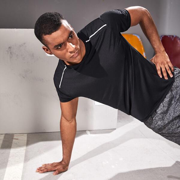 

Men Contrast Trim Quick-drying Athletic Tee, Black
