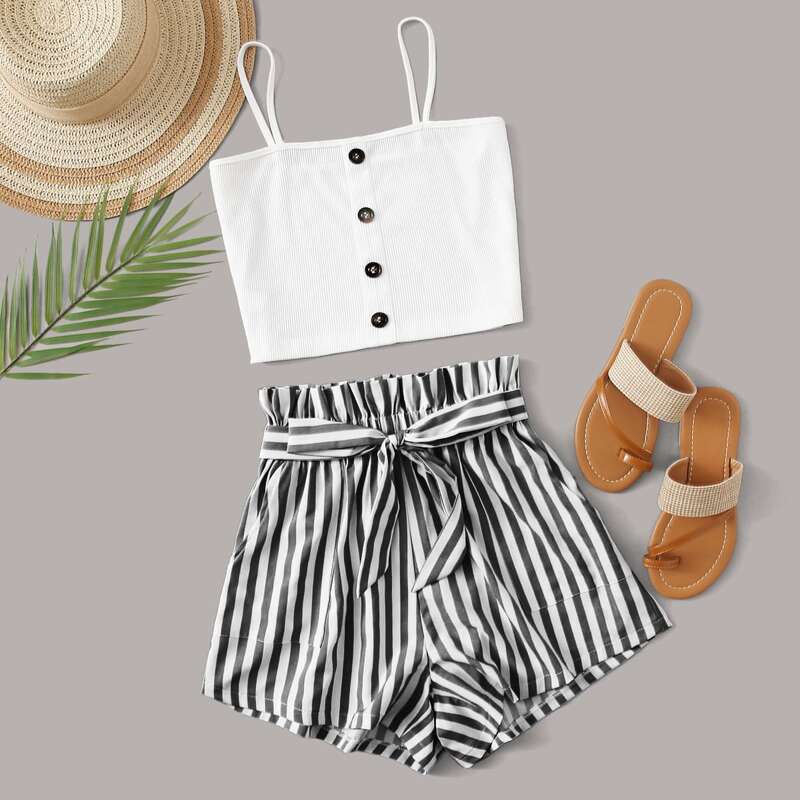 

Button Front Cami & Paperbag Striped Shorts, Black and white