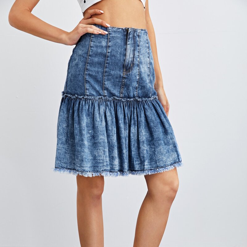 

Raw Edge Ruffle Hem Denim Skirt, Medium wash