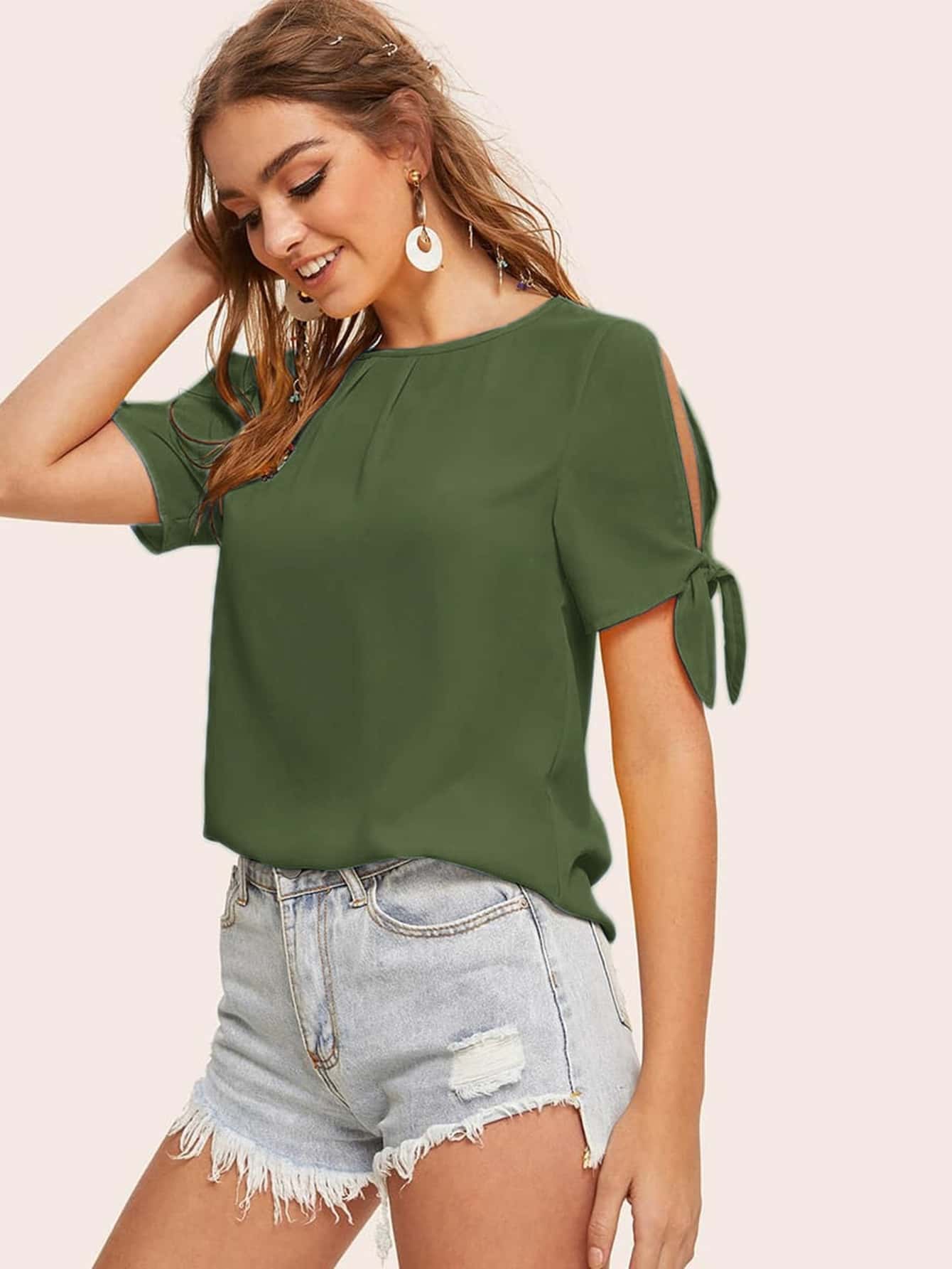 SHEIN Essnce Áo sơ mi Thắt nút màu trơn xanh quân đội Giải trí - xanh quân đội - Xem 1