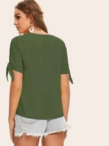SHEIN Essnce Áo sơ mi Thắt nút màu trơn xanh quân đội Giải trí - xanh quân đội - Xem 2