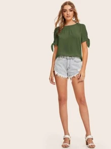 SHEIN Essnce Áo sơ mi Thắt nút màu trơn xanh quân đội Giải trí - xanh quân đội - Xem 3