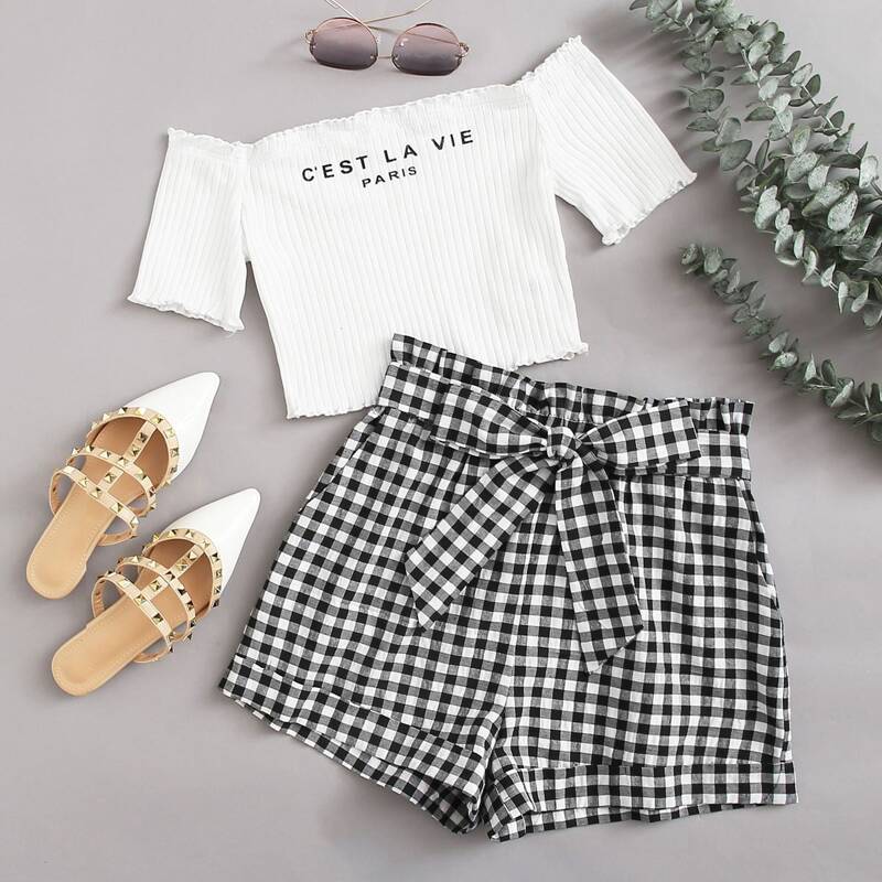 

Slogan Graphic Off Shoulder Top and Paperbag Waist Shorts Set, Black and white