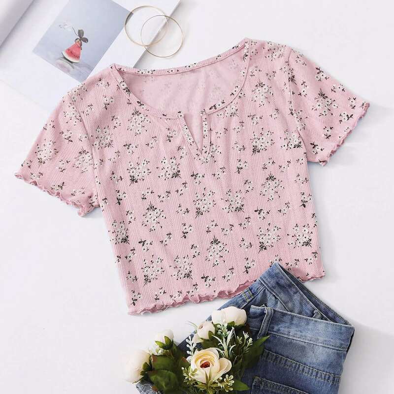 

Ditsy Floral Lettuce Trim Tee, Baby pink