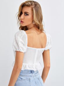 Puff Sleeve Eyelet Embroidery Peplum Top - White - View 2
