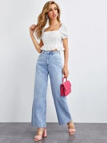 Puff Sleeve Eyelet Embroidery Peplum Top - White - View 3