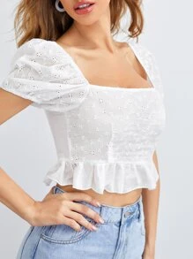 Puff Sleeve Eyelet Embroidery Peplum Top - White - View 4
