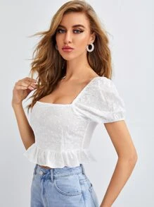 Puff Sleeve Eyelet Embroidery Peplum Top - White - View 5