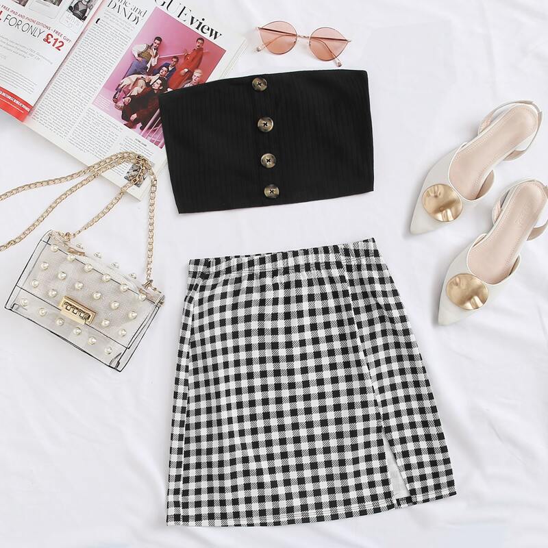

Cropped Tube Top & Plaid Mini Skirt Set, Black and white