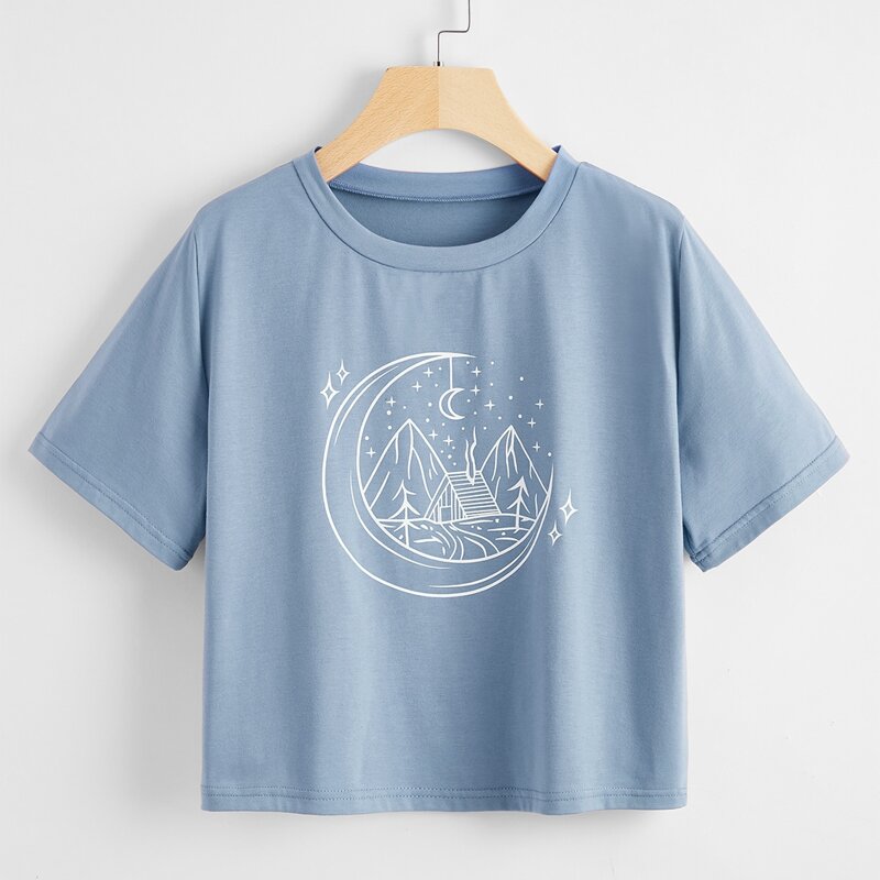 

Line Art Graphic Crop Tee, Dusty blue