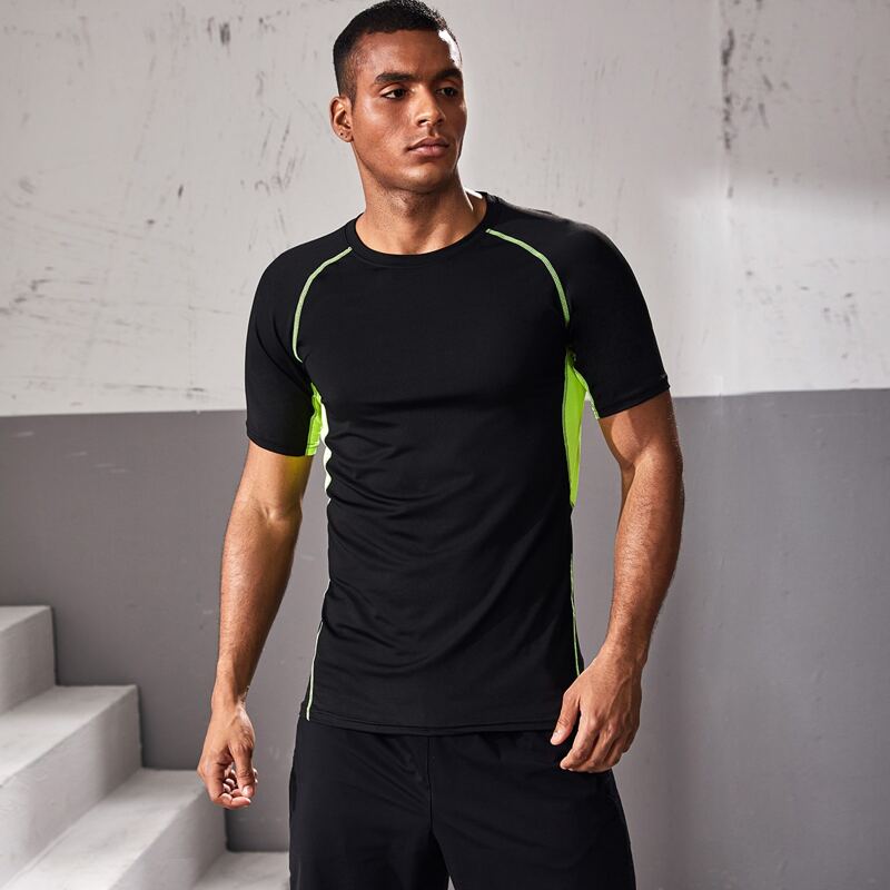 

Men Contrast Panel Topstitching Athletic Tee, Black