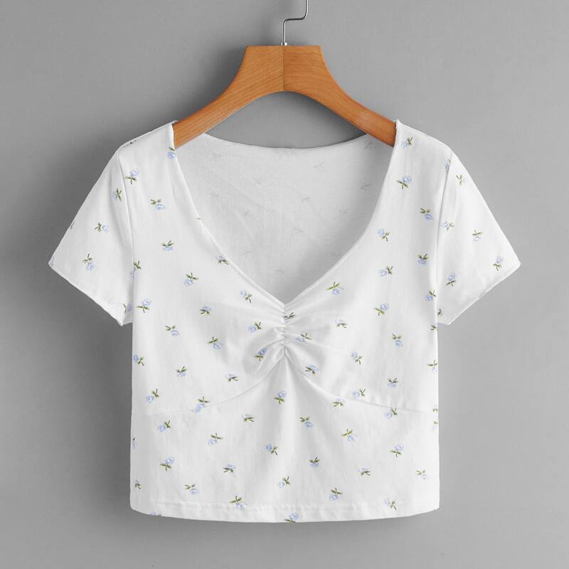 

Ditsy Floral Ruched Tee, White