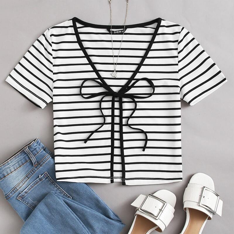 

Knot Front Striped Top, White