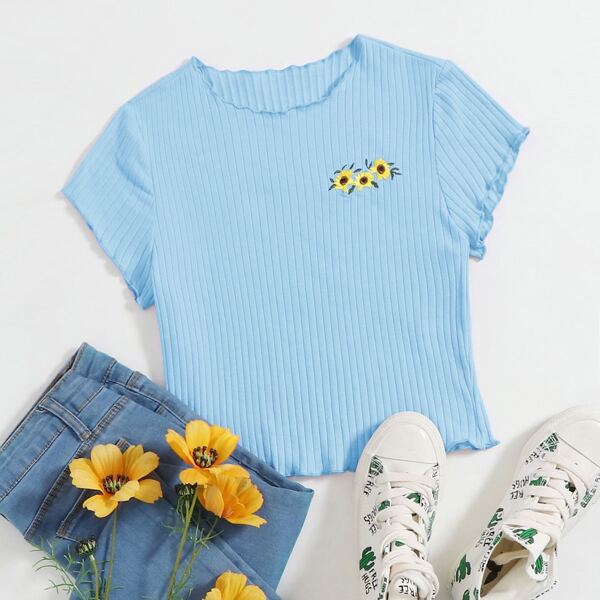 

Lettuce Trim Sunflower Embroidery Rib-knit Top, Baby blue